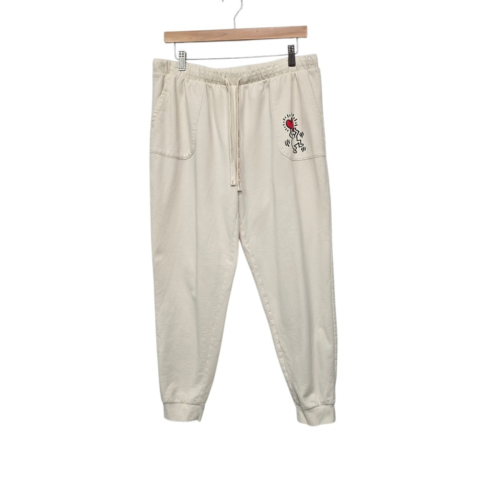 Keith Haring Oatmeal Beige Joggers Heart‎ Dancing Man Graphic Sweatpants Large